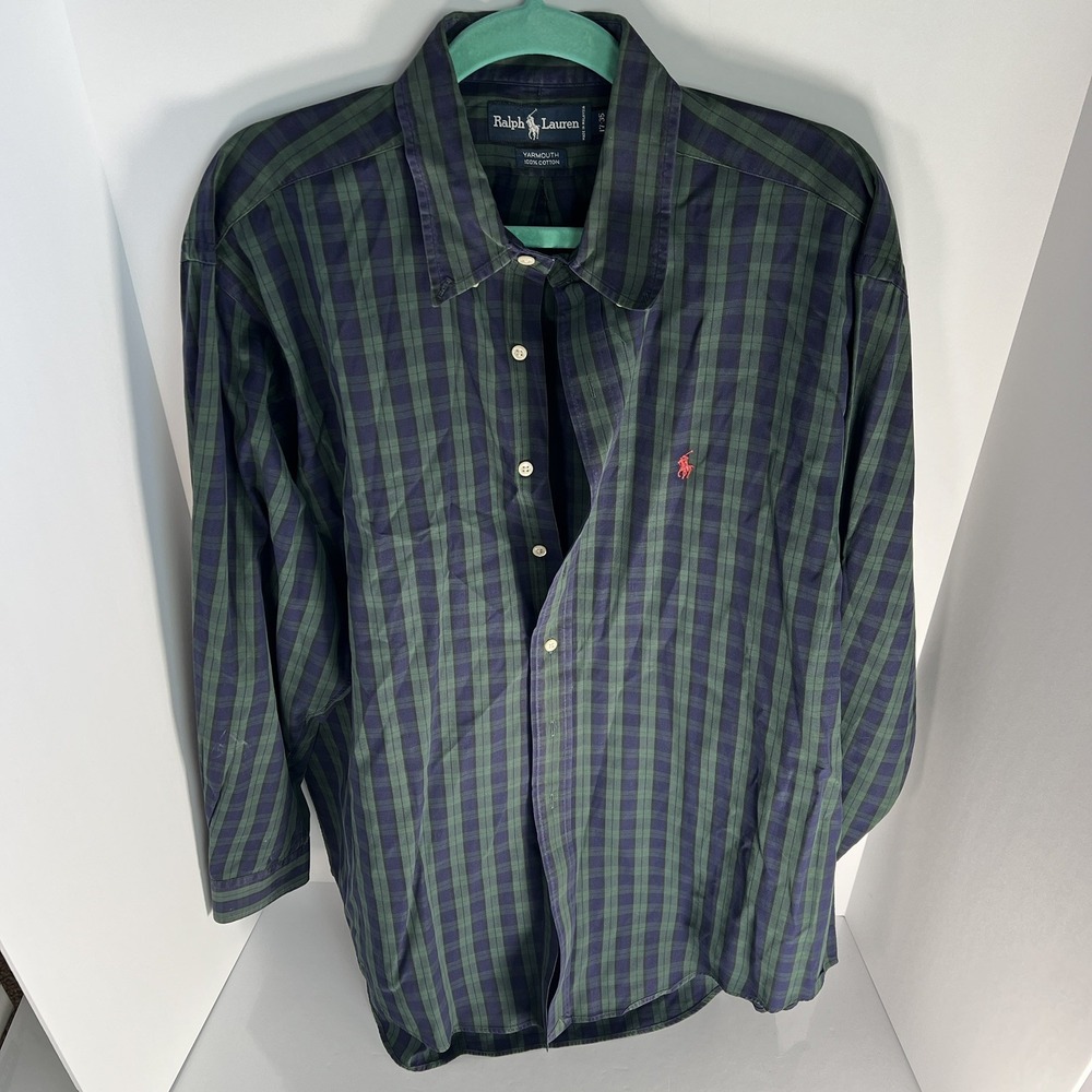 Vintage Polo Ralph Lauren Shirt Men's 17-35 Plaid Dress Yarmouth Blue 90s EUC